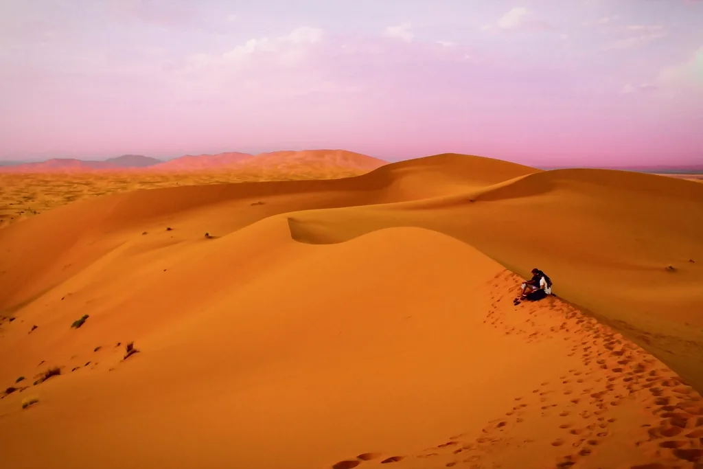Carovana di cammelli che cammina tra le dune del Sahara durante il miglior itinerario di 8 giorni in marocco Carovana di cammelli che cammina tra le dune del Sahara durante il miglior itinerario di 8 giorni in marocco